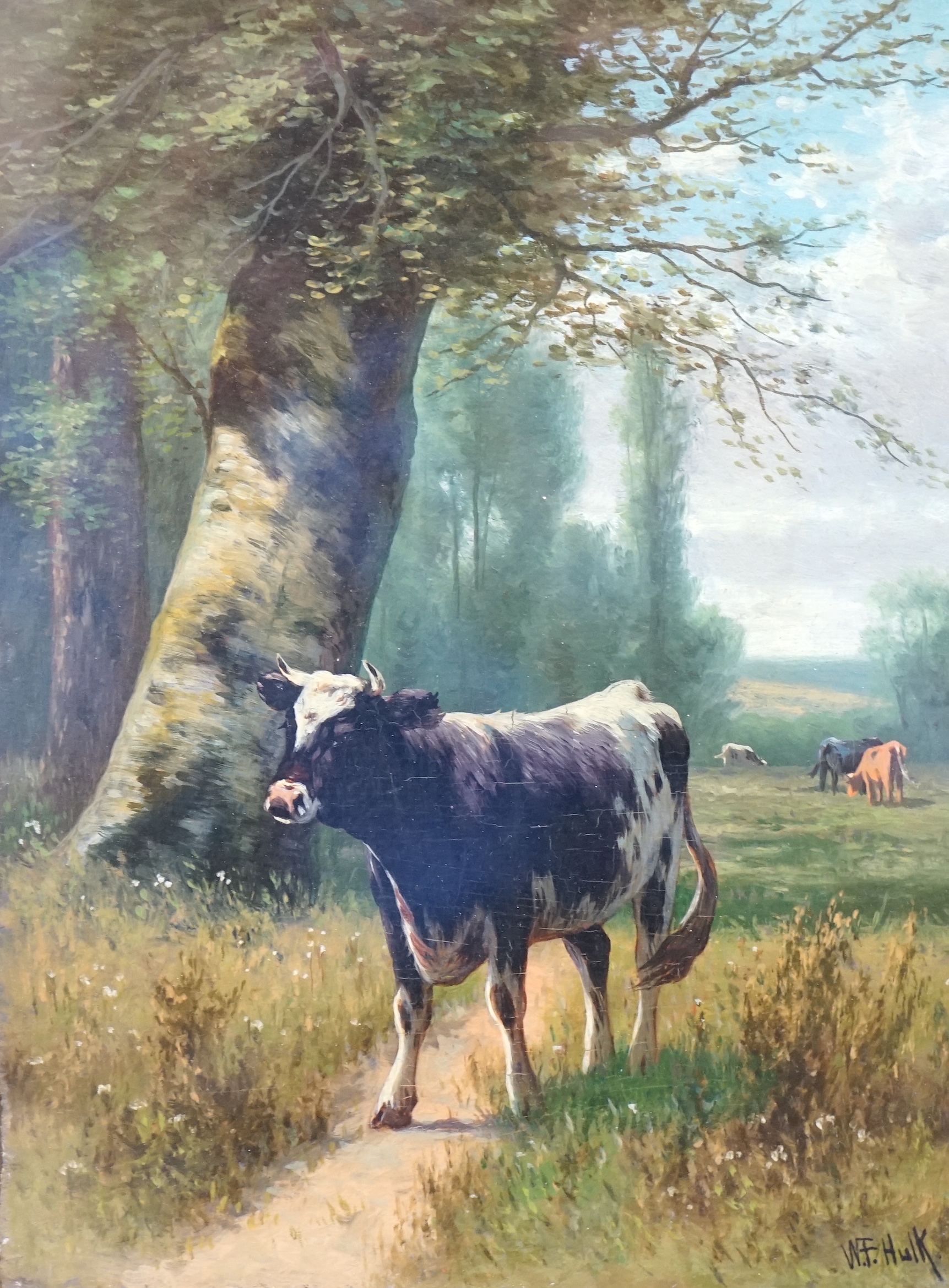 William Frederick Hulk (1852-1906), oil on board, Study of cows in a landscape, signed, 20 x 15cm